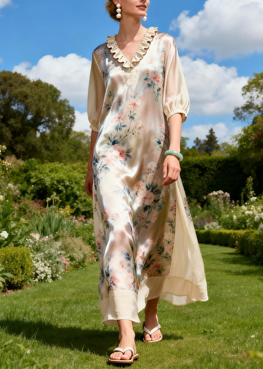 Plus Size Ruffled Print Patchwork Linen Silk Dress Summer