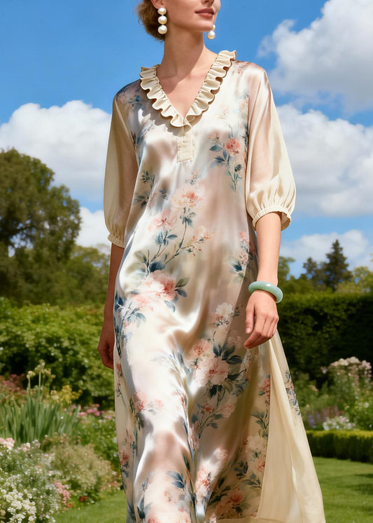 Plus Size Ruffled Print Patchwork Linen Silk Dress Summer