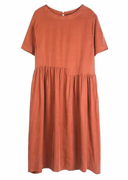 Plus Size Rust Red O-Neck Patchwork Summer Maxi Dresses Short Sleeve - SooLinen
