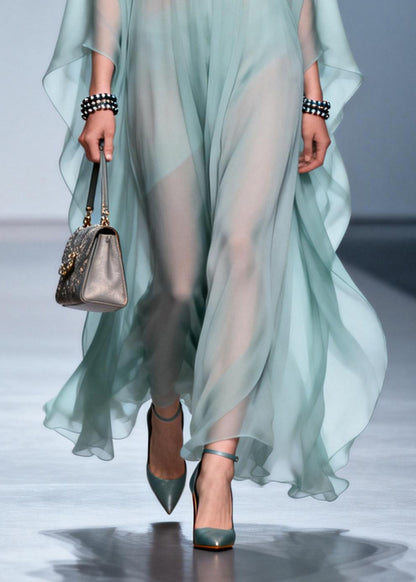 Plus Size Sky Blue Print Draping Chiffon Maxi Dress Batwing Sleeve