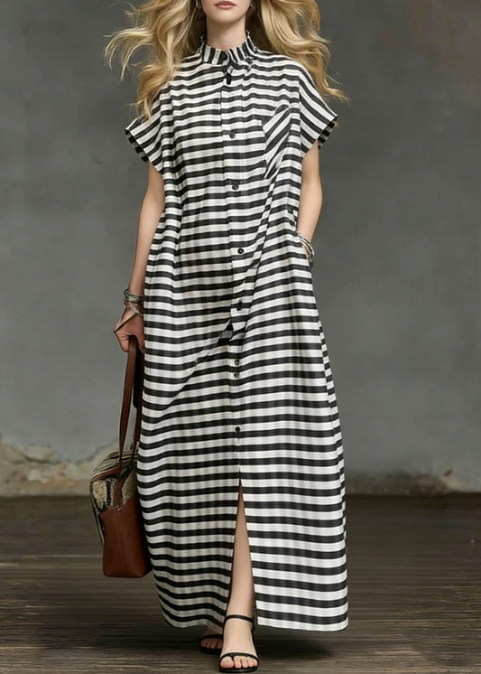 Plus Size Striped Pockets Side Open Cotton Long Dresses Summer