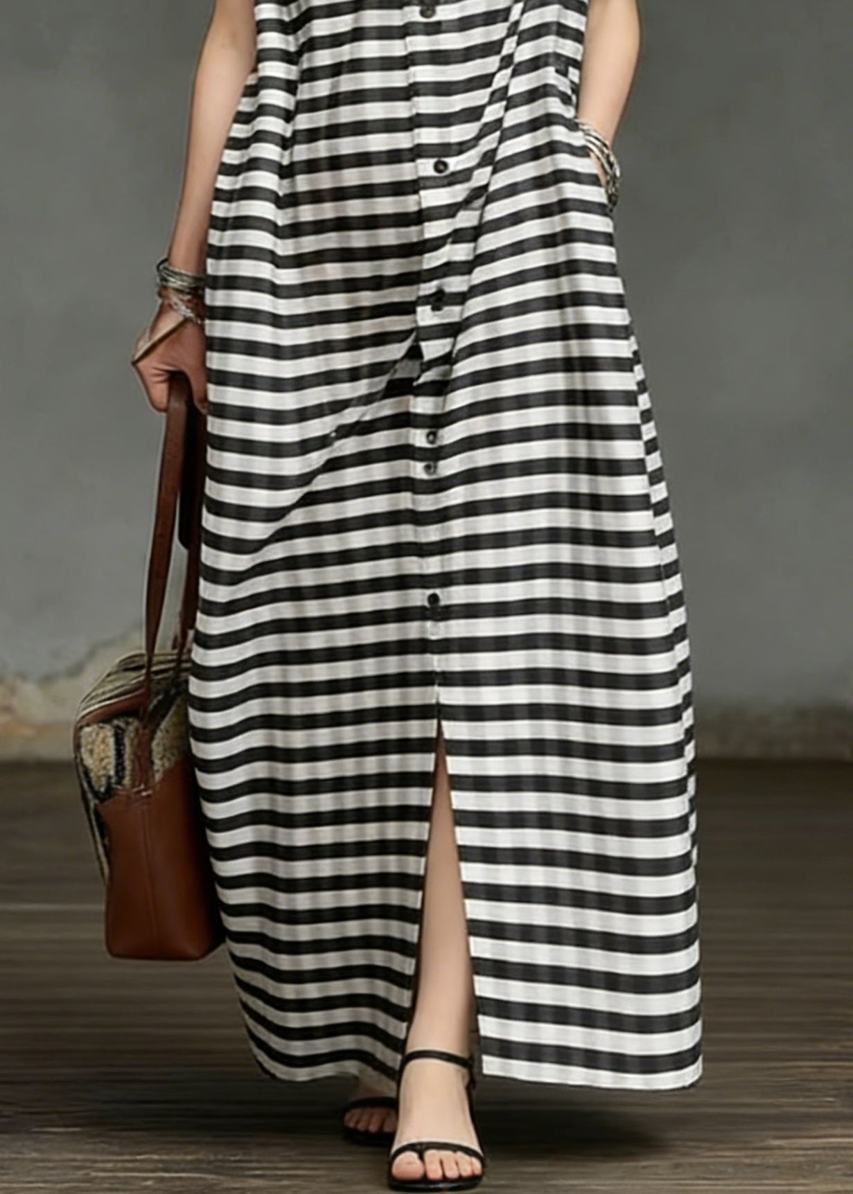Plus Size Striped Pockets Side Open Cotton Long Dresses Summer