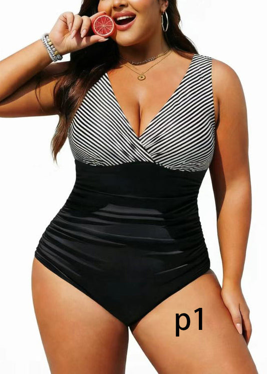 Plus Size Striped V Neck Swimwear Bodysuit Tops