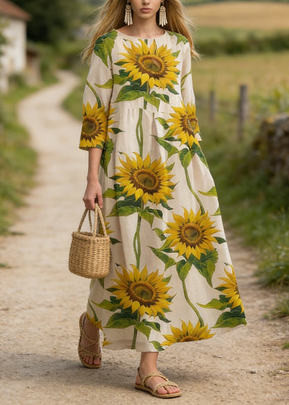 Plus Size Sunflower Print Cotton Long Dress Summer