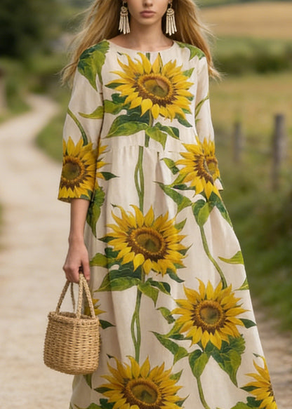 Plus Size Sunflower Print Cotton Long Dress Summer