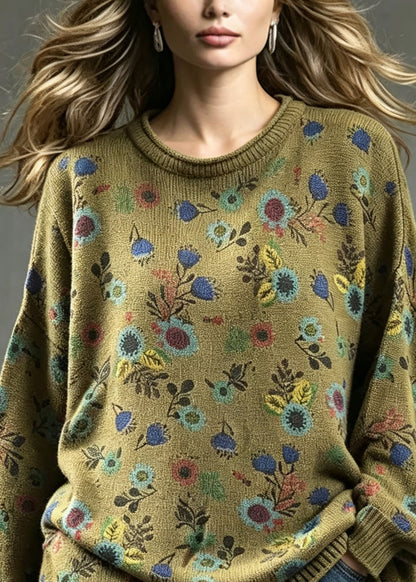 Plus Size Tea Green O Neck Print Knit Sweaters Fall