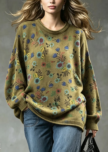 Plus Size Tea Green O Neck Print Knit Sweaters Fall