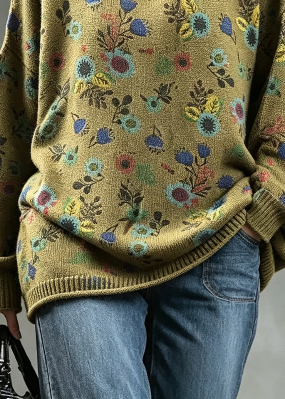 Plus Size Tea Green O Neck Print Knit Sweaters Fall