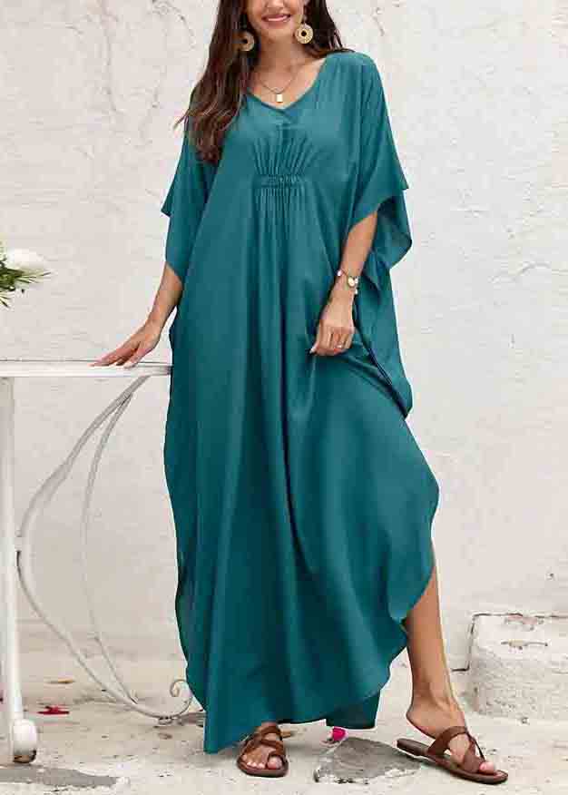 Plus Size Tea Green Oversized Cotton Dress Batwing Sleeve