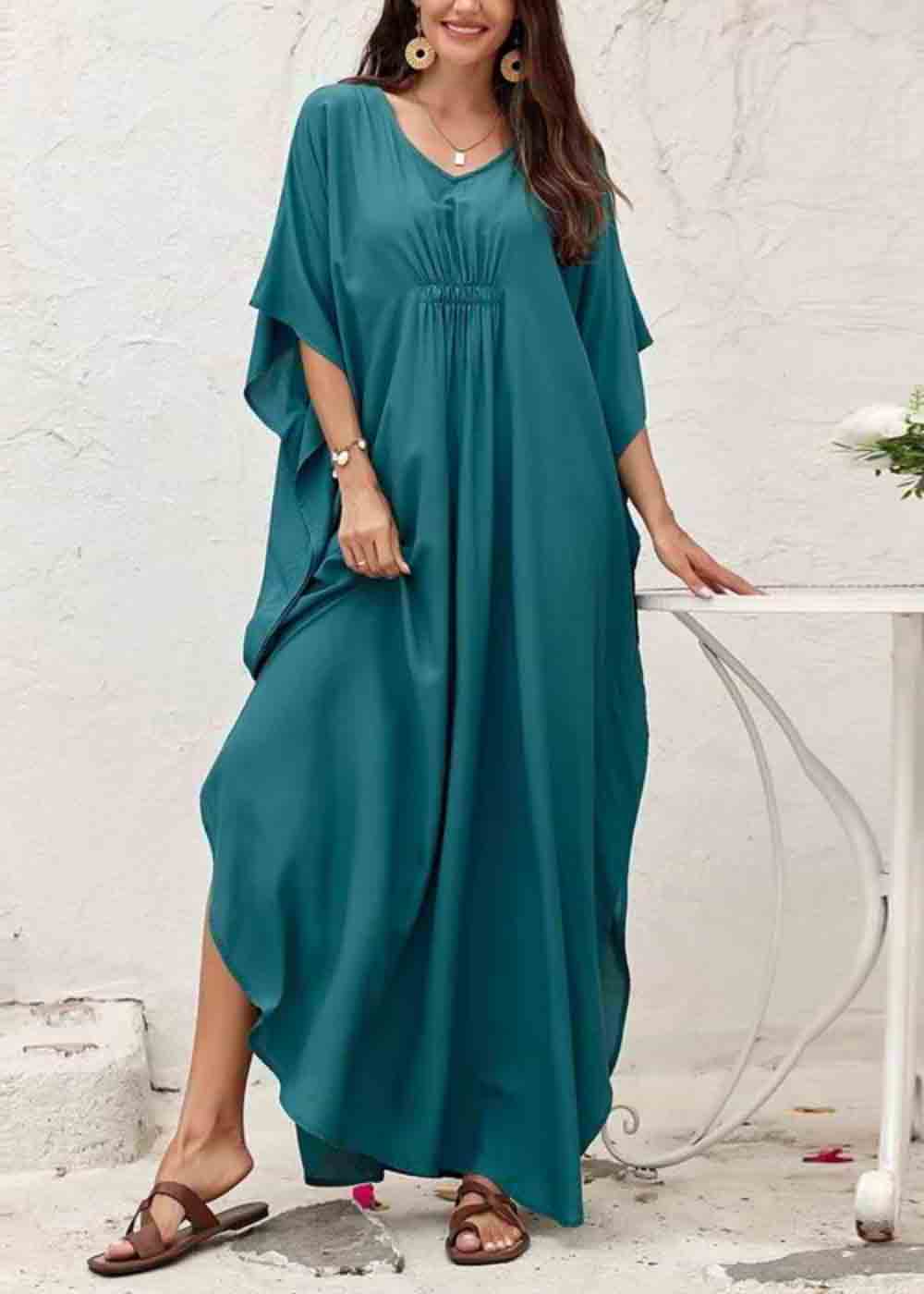Plus Size Tea Green Oversized Cotton Dress Batwing Sleeve