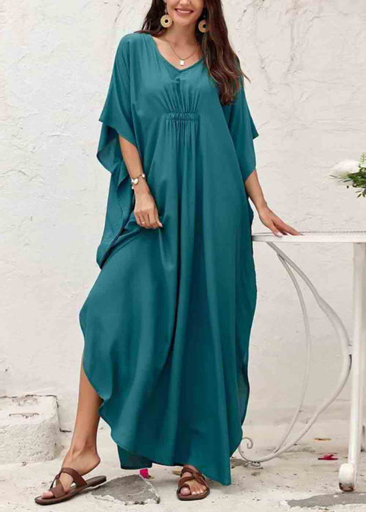 Plus Size Tea Green Oversized Cotton Dress Batwing Sleeve