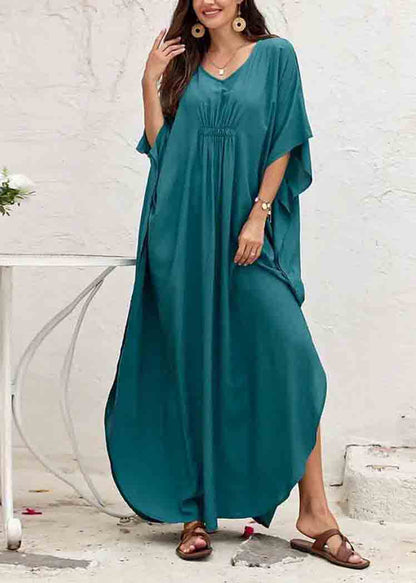 Plus Size Tea Green Oversized Cotton Dress Batwing Sleeve