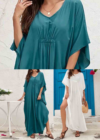 Plus Size Tea Green Oversized Cotton Dress Batwing Sleeve