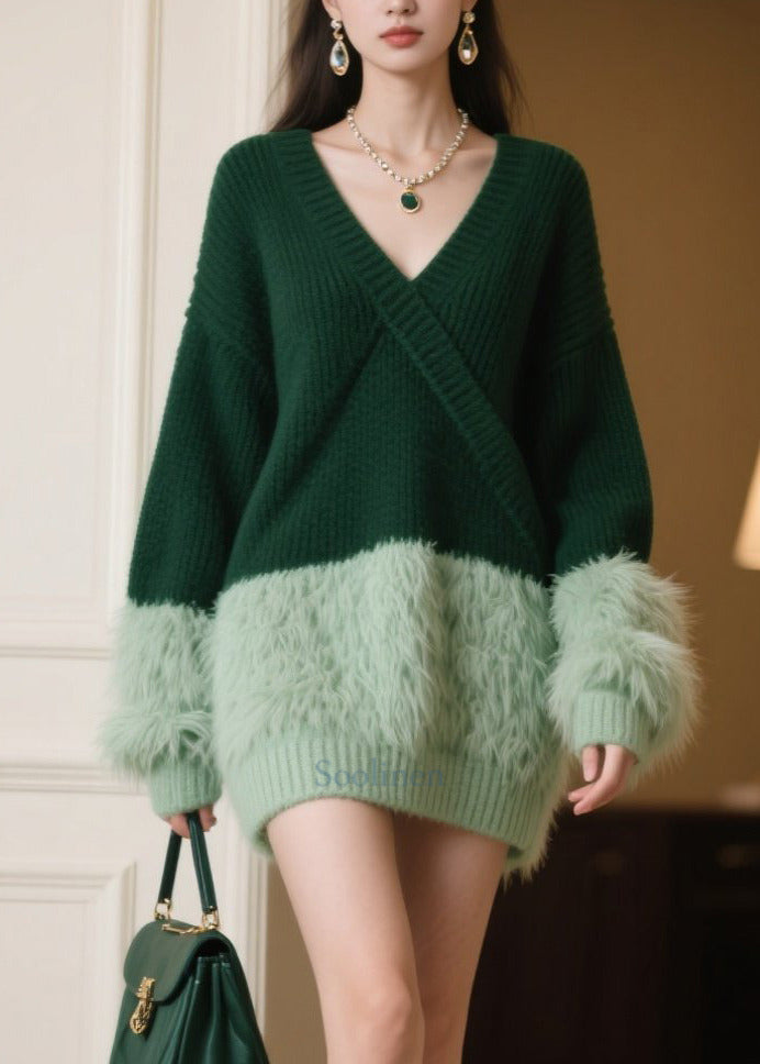 Plus Size Tea Green Oversized Patchwork Knitwear Dress Winter