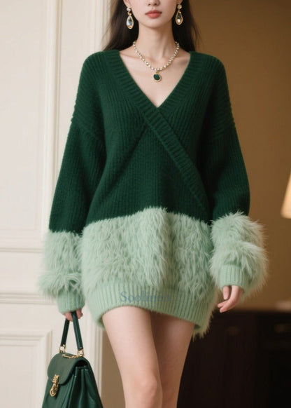 Plus Size Tea Green Oversized Patchwork Knitwear Dress Winter