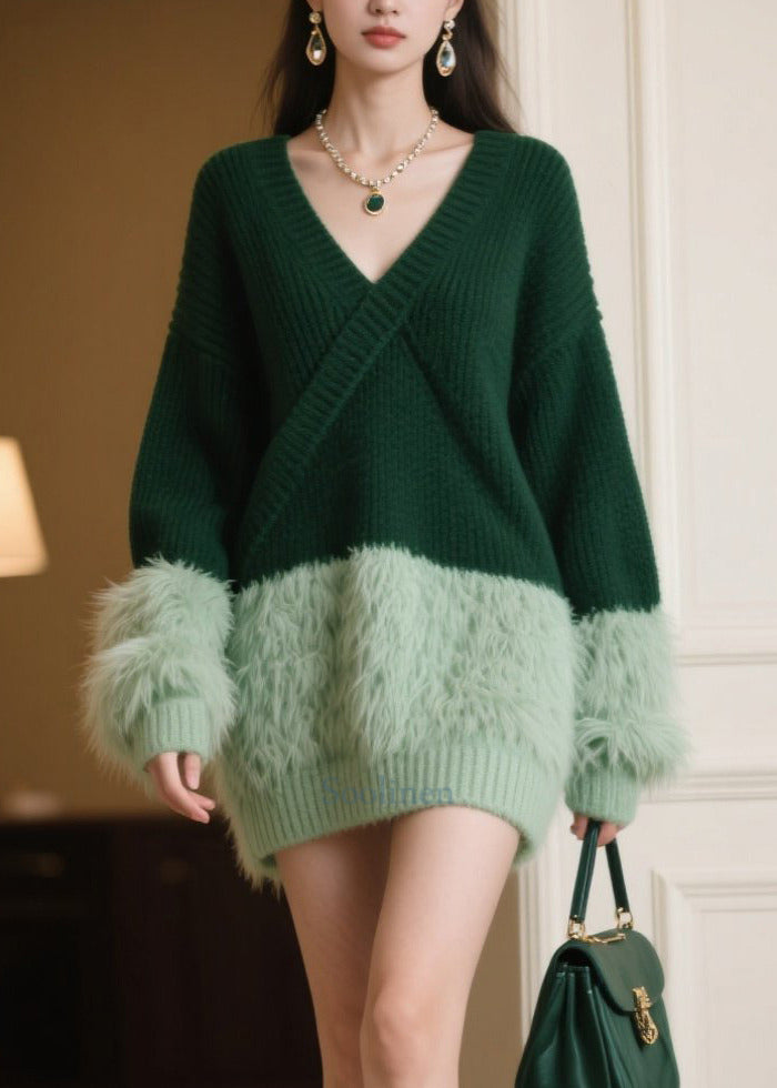 Plus Size Tea Green Oversized Patchwork Knitwear Dress Winter
