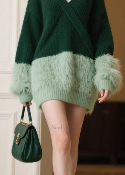 Plus Size Tea Green Oversized Patchwork Knitwear Dress Winter