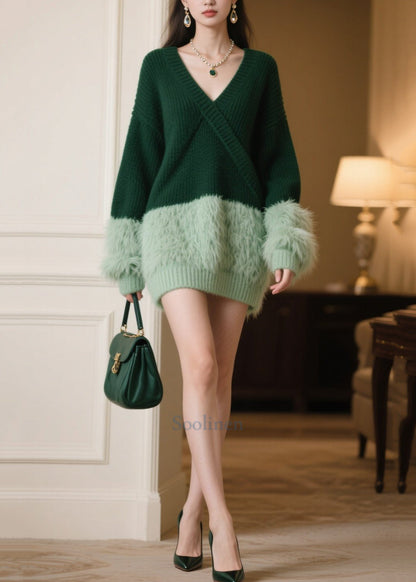 Plus Size Tea Green Oversized Patchwork Knitwear Dress Winter