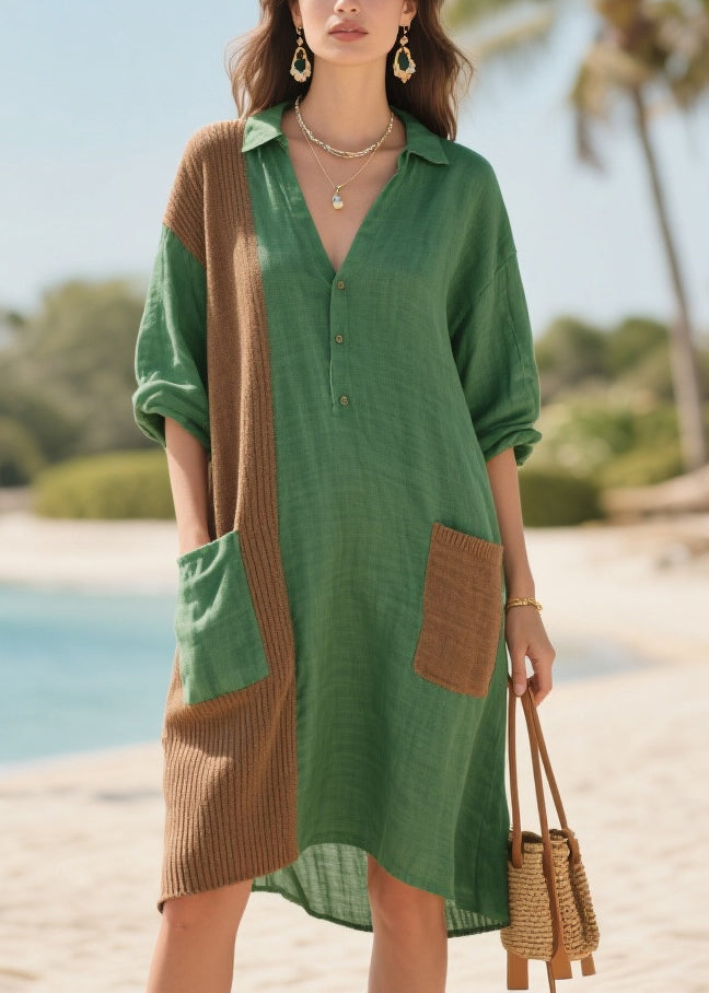 Plus Size Tea Green Oversized Patchwork Pockets Cotton Mid Dresses Summer