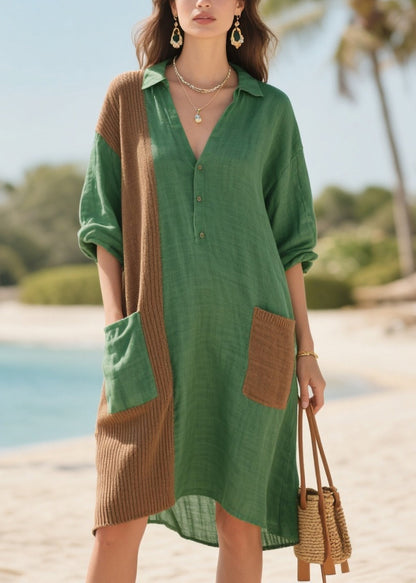 Plus Size Tea Green Oversized Patchwork Pockets Cotton Mid Dresses Summer