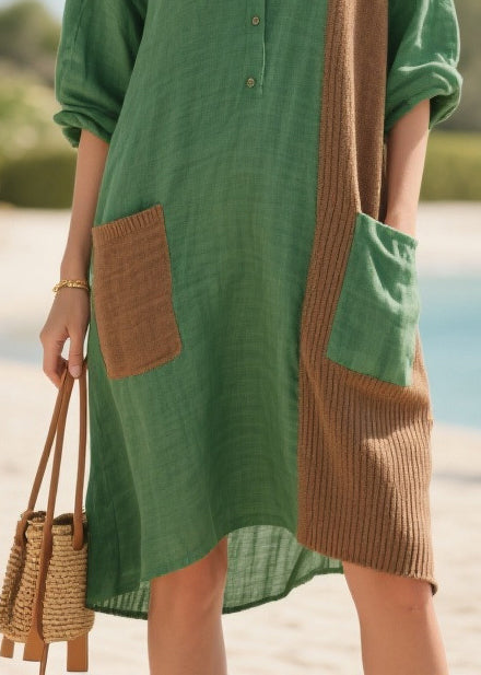 Plus Size Tea Green Oversized Patchwork Pockets Cotton Mid Dresses Summer