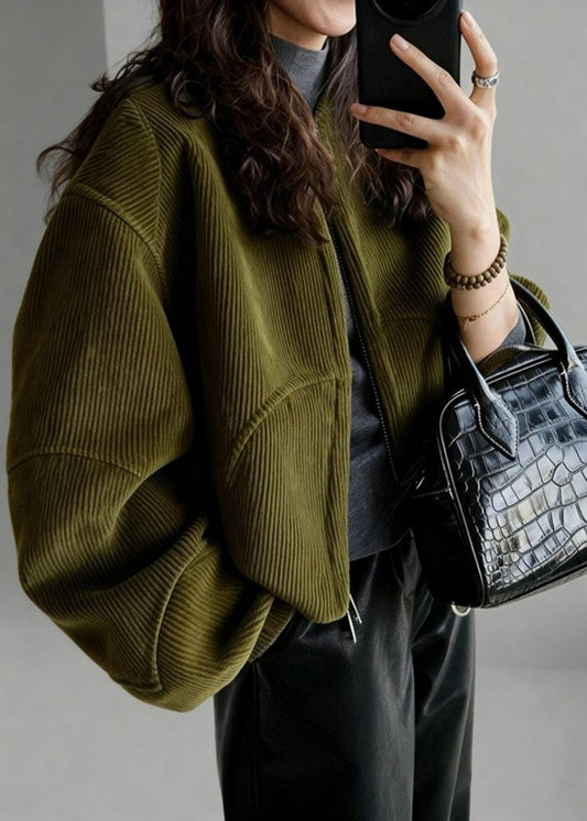 Plus Size Tea Green Oversized Pockets Corduroy Coat Spring