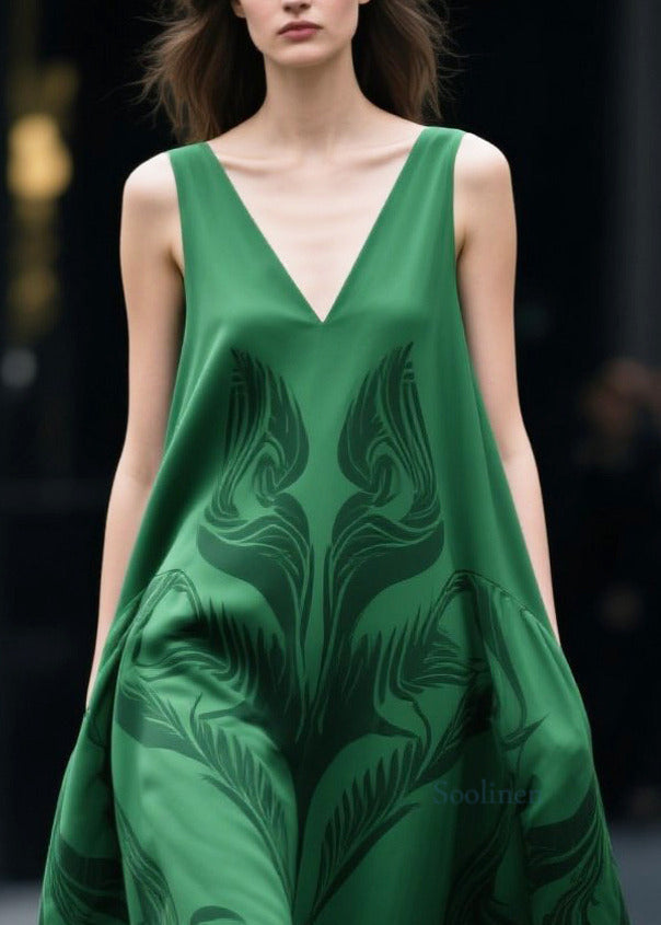 Plus Size Tea Green Oversized Print Chiffon Holiday Dress Sleeveless