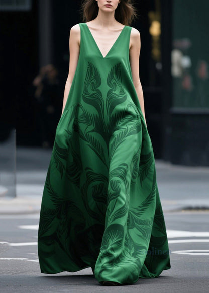 Plus Size Tea Green Oversized Print Chiffon Holiday Dress Sleeveless