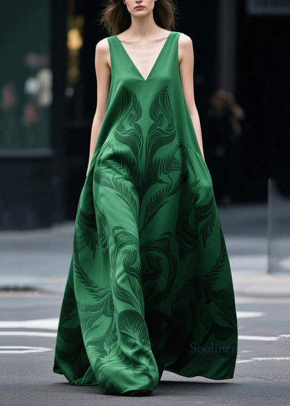 Plus Size Tea Green Oversized Print Chiffon Holiday Dress Sleeveless