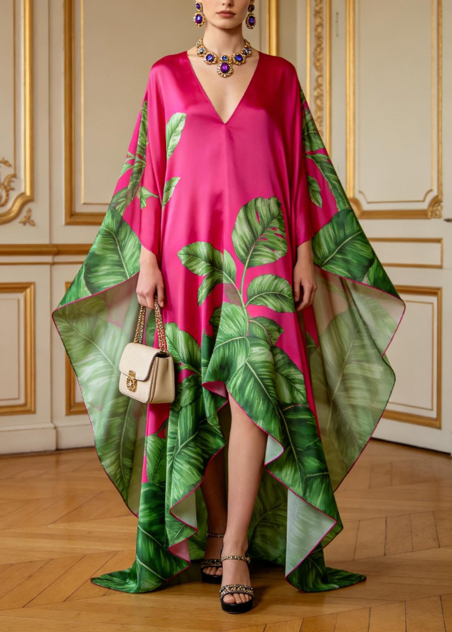 Plus Size V Neck Asymmetrical Design Print Chiffon Dresses Summer