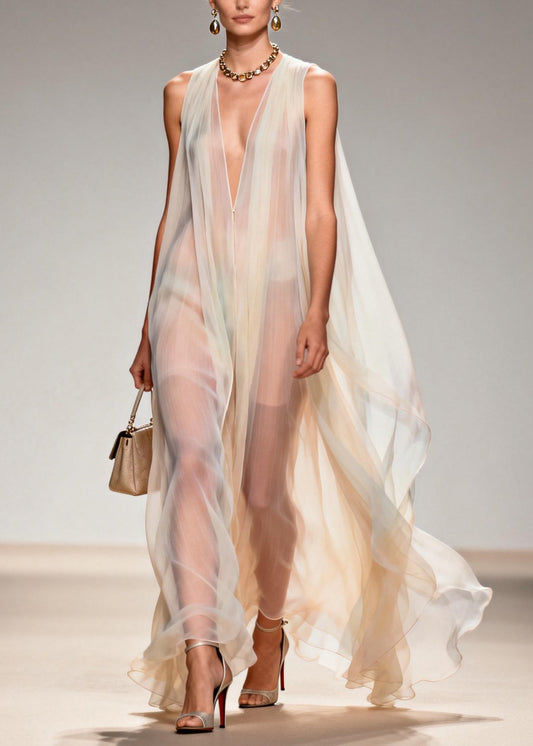 Plus Size V Neck Chiffon Long Dresses Sleeveless