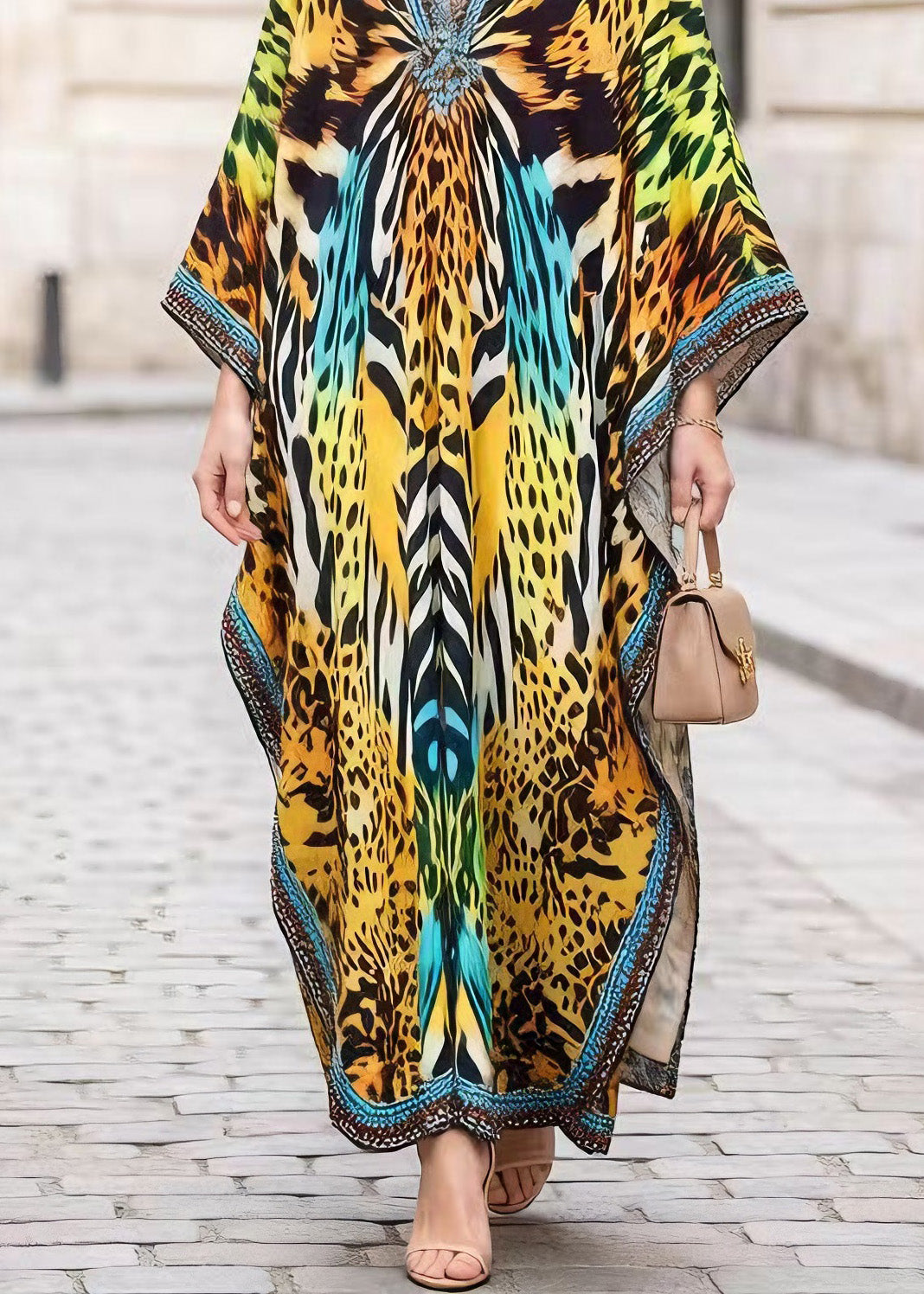 Plus Size V Neck Leopard Print Chiffon Long Dress Summer