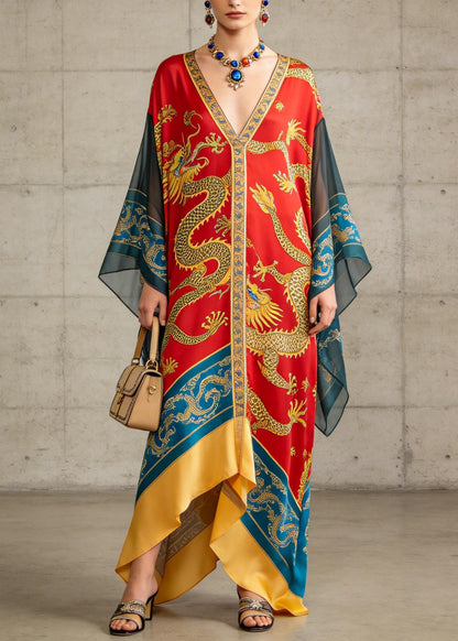 Plus Size V Neck Oriental Print Chiffon Ankle Dress Summer