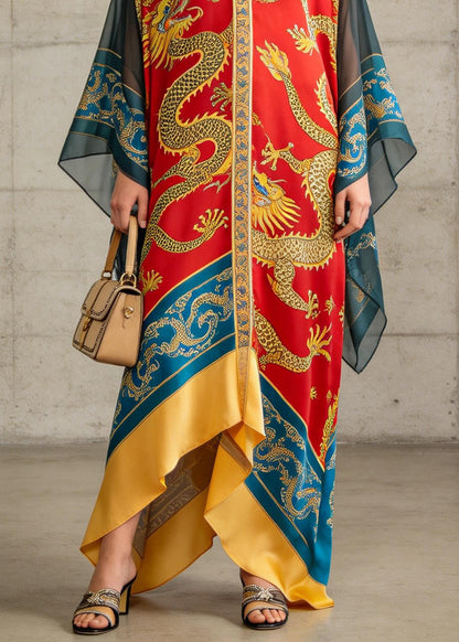 Plus Size V Neck Oriental Print Chiffon Ankle Dress Summer