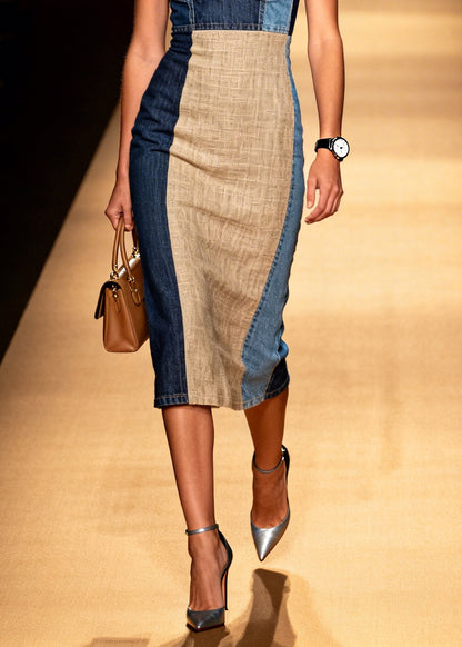 Plus Size V Neck Patchwork Denim Spaghetti Strap Dress Sleeveless