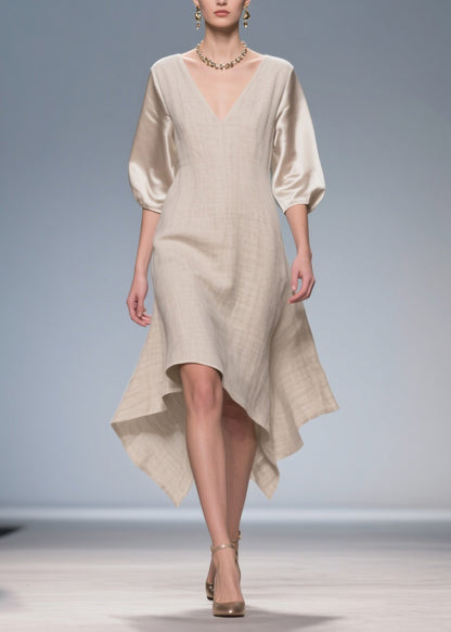 Plus Size V Neck Patchwork Linen Silk Dress Summer
