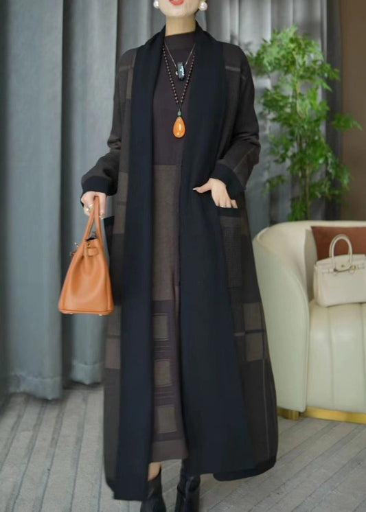 Plus Size V Neck Plaid Pockets Knit Cardigans Winter