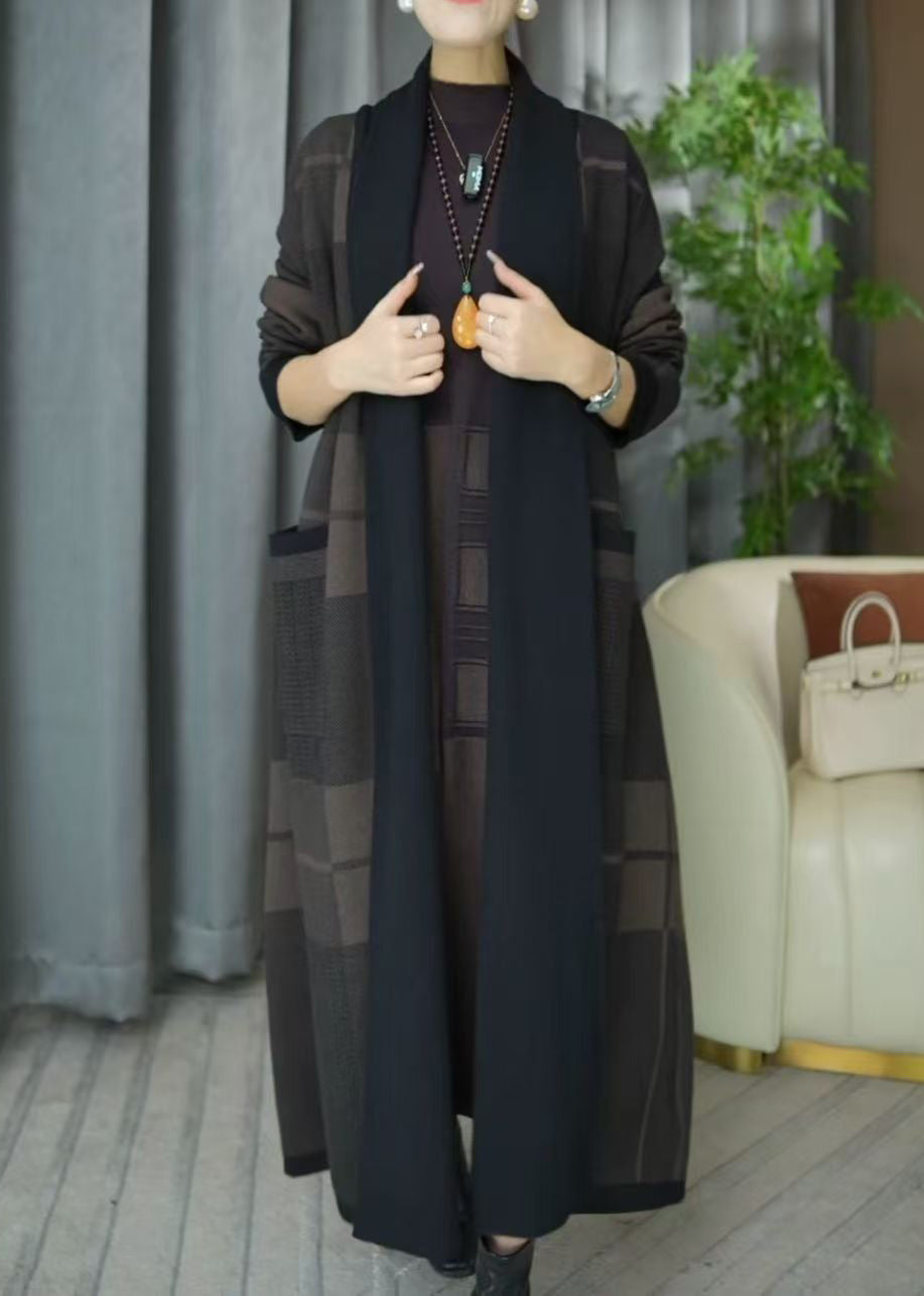 Plus Size V Neck Plaid Pockets Knit Cardigans Winter