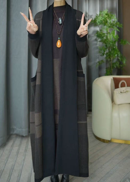 Plus Size V Neck Plaid Pockets Knit Cardigans Winter