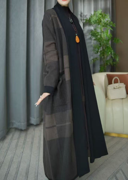 Plus Size V Neck Plaid Pockets Knit Cardigans Winter