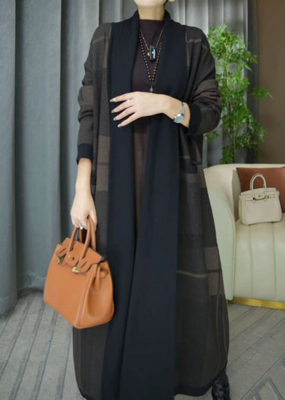 Plus Size V Neck Plaid Pockets Knit Cardigans Winter