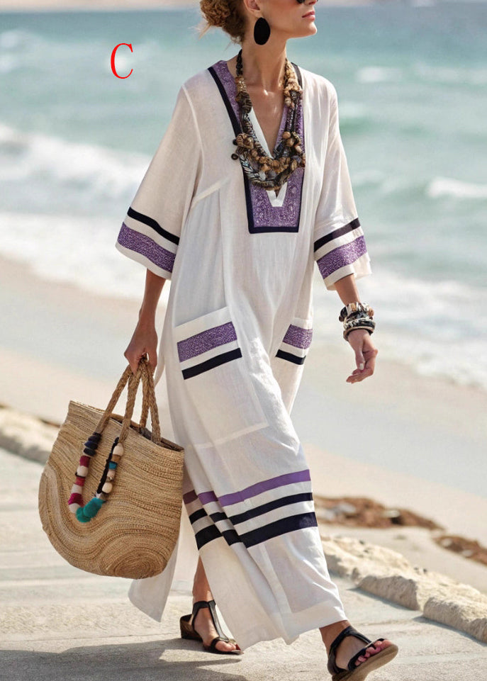 Plus Size V Neck Pockets Patchwork Cotton Dresses Summer