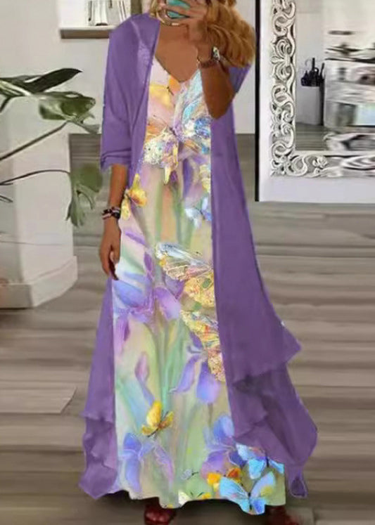 Plus Size V Neck Print Chiffon Two Pieces Set Summer