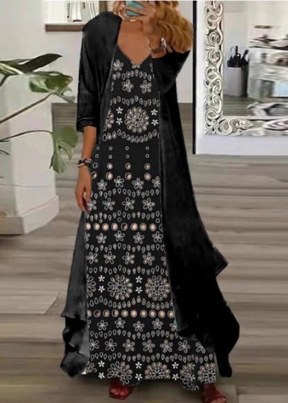 Plus Size V Neck Print Chiffon Two Pieces Set Summer