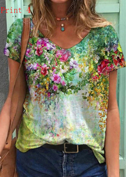 Plus Size V Neck Print Cotton T Shirt Top Summer