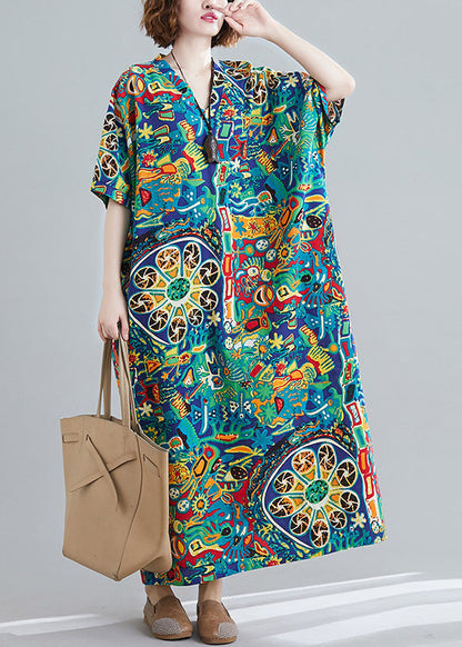Plus Size V Neck Print Holiday Long Dress Short Sleeve