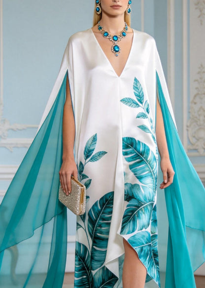 Plus Size V Neck Print Patchwork Chiffon Robe Dresses Summer