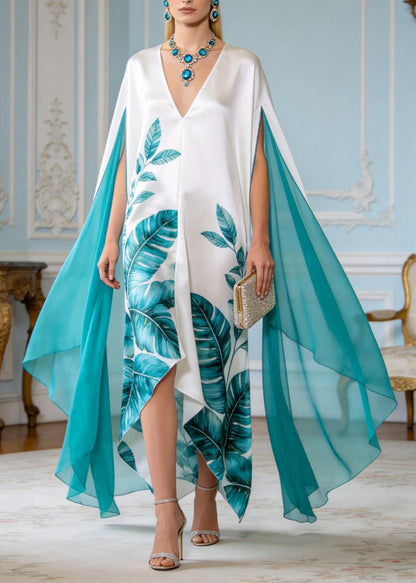 Plus Size V Neck Print Patchwork Chiffon Robe Dresses Summer