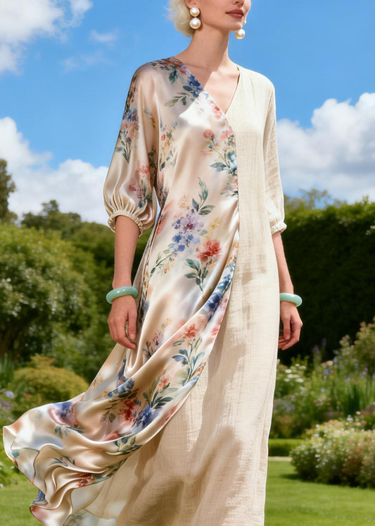 Plus Size V Neck Print Patchwork Linen Silk Long Dresses Summer