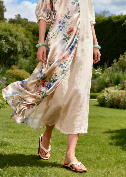 Plus Size V Neck Print Patchwork Linen Silk Long Dresses Summer